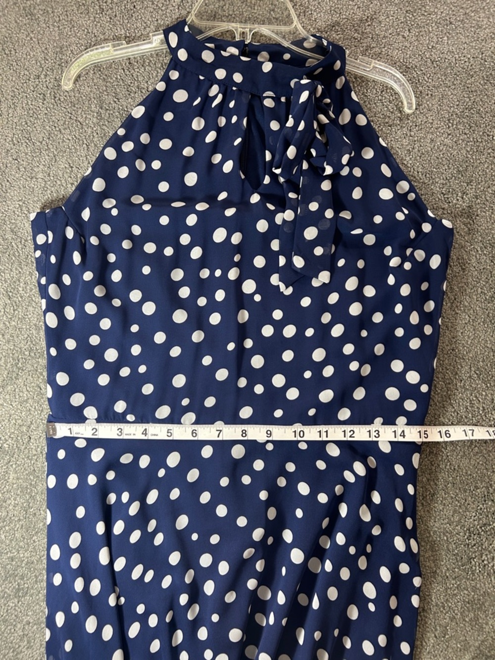 Tahari Navy Blue and White Polka Dot Sleeveless Halter Maxi Dress, High-Low, 8 - Picture 10 of 12